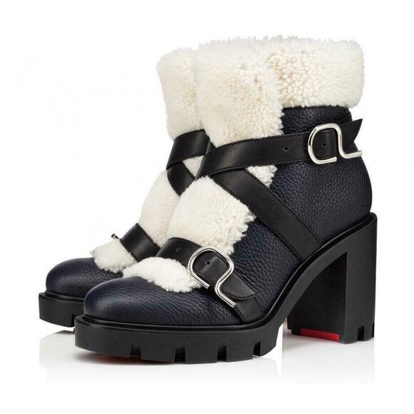 Christian Louboutin Pole Chic 70 Black Leather Shearling Heel Combat Boot 37.5 - Picture 1 of 9